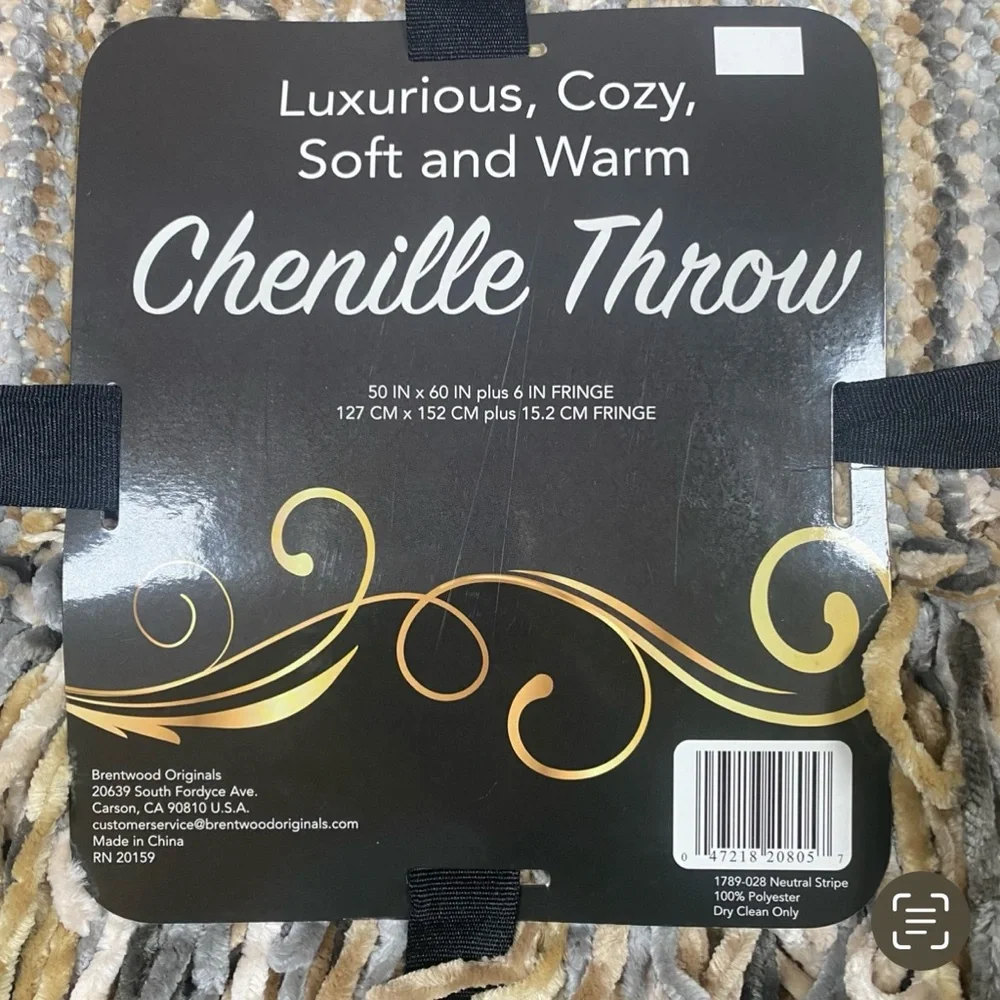 Vtg Brentwood Originals Neutral Stripe Chenille Throw Blanket Gray Beige Camel